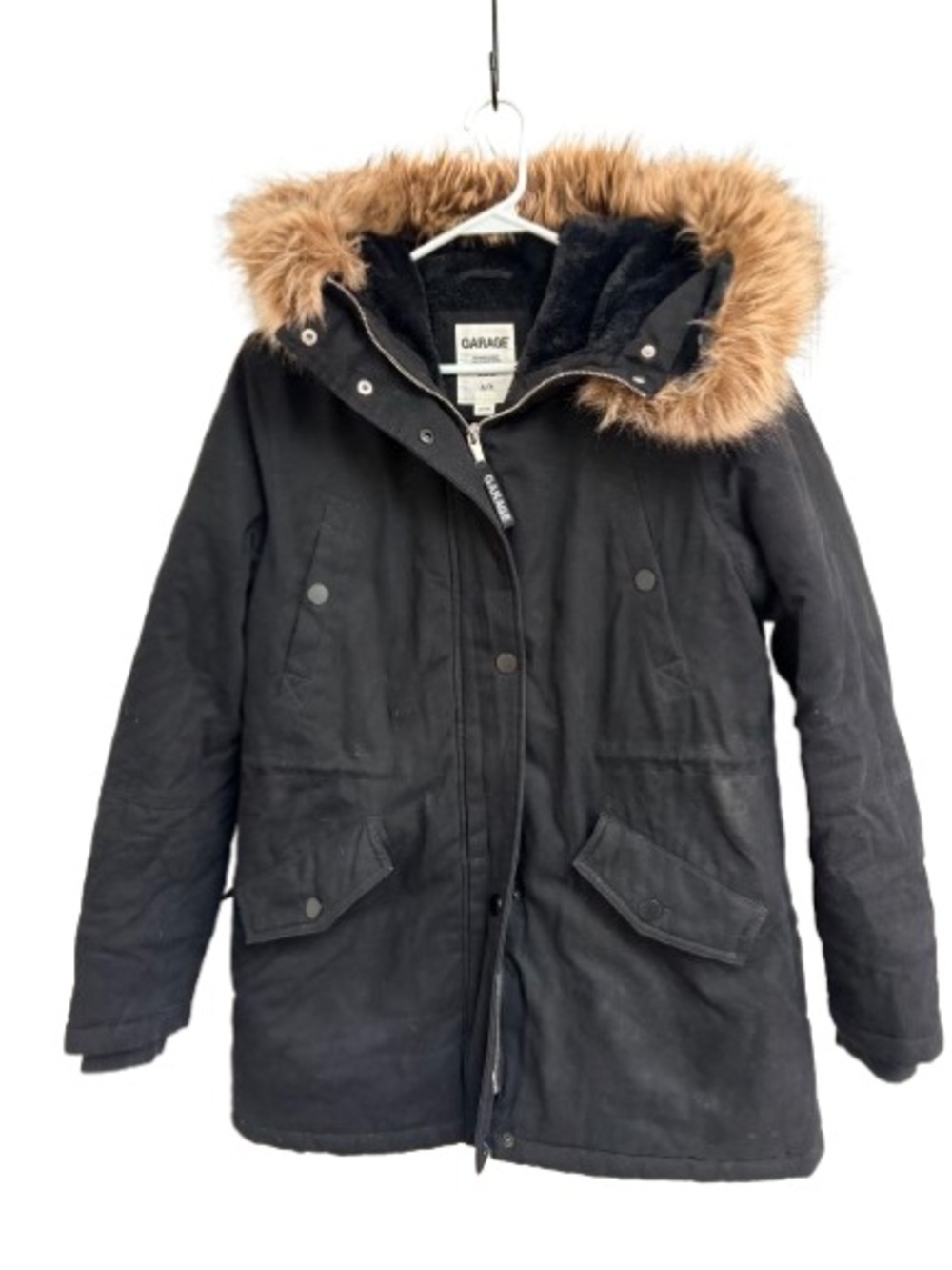 Garage Black Longline Parka with Brown Faux-Fur Hood Trim